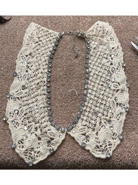 Vintage Crochet Lace Detachable Collar Gemstone Accents Adjustable Chain Closure